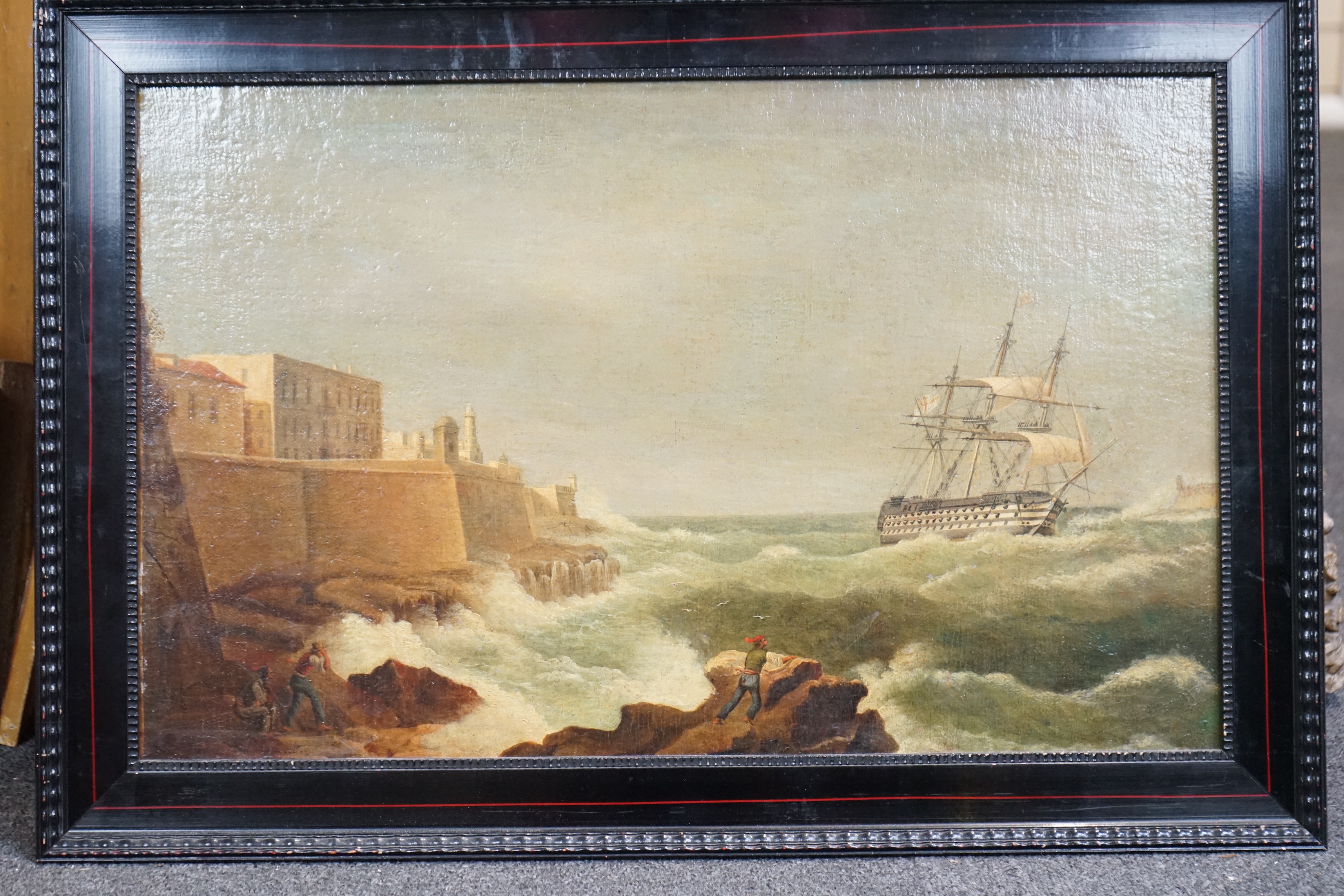 Attributed to Giovanni Schranz (Maltese, 1794-1882), A Private First Rate Man O’ War entering Valetta harbour, oil on canvas, 36 x 57cm
